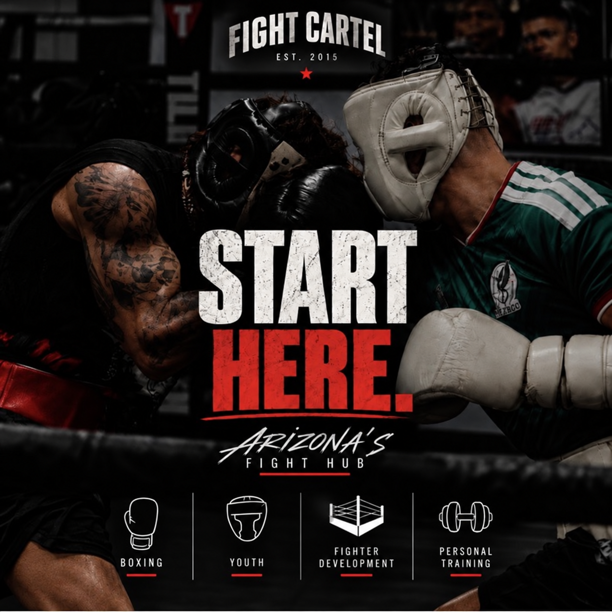 Fight Cartel boxers working inside the ring with Start Here and Arizona’s Fight Hub branding